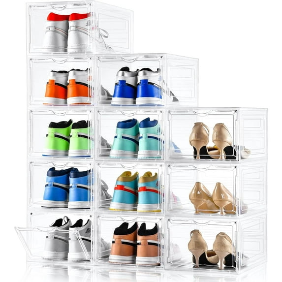 Upgraded X-Large Shoe Storage Box,12 Pack,Shoe Box Clear Plastic Stackable,Drop Front Shoe Box with Clear Door,Shoe Organizer Containers For Sneaker Display,Fit up to US Size12,Clear