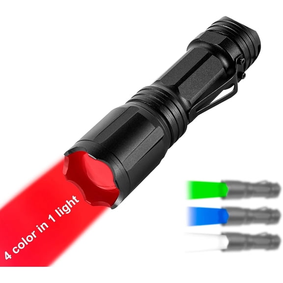 Upgraded Zoomable Red Flashlight, 4 Color in 1 | Green Red Blue White Multi-Color RGBW LED, Memory Function, Night Vision, Fishing, Astronomy