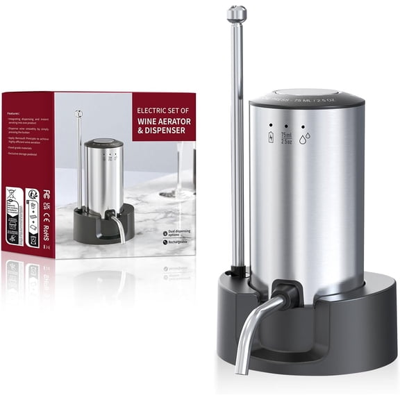 Upgraded electric wine aerator, rechargeable automatic wine dispenser, with wine storage base, two modes (silver set)