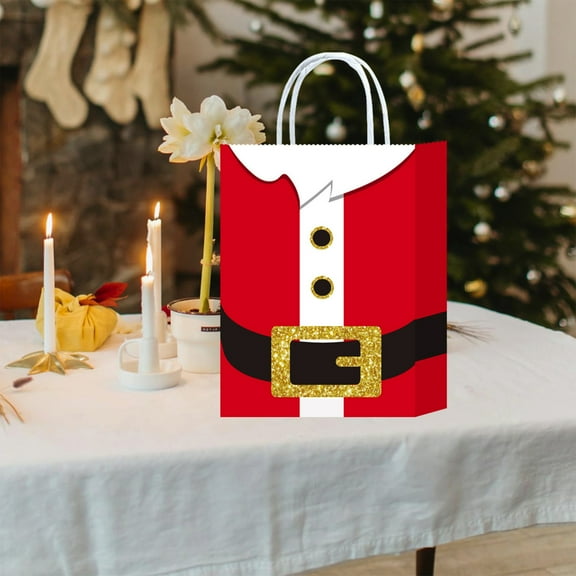 Upgraded&nbsp;Santa Clause Suit Print Bags With Handle Kraft Paper Present Wrapping Bags Gift Bag Candy Bag For Xmas Party Supplies E