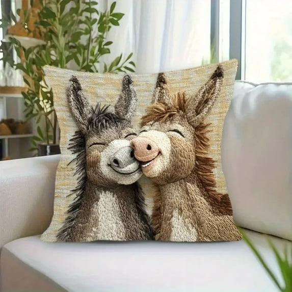 Upgraded short lint Pillow Cover 18inch Cute Two donkeys Embroidery Decorative Throw Pillowcase for Sofa Bedroom Living Room Home Decoration