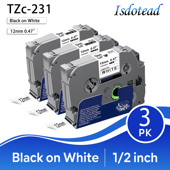 Upgraded version 3 pack Label Maker Tape for Brother P Touch TZe231 Tape 12mm 0.47 Laminated White, TZe231 Replacement for Brother Label Maker Tape Refills, Compatible with Brother PT-D210 D220 H110