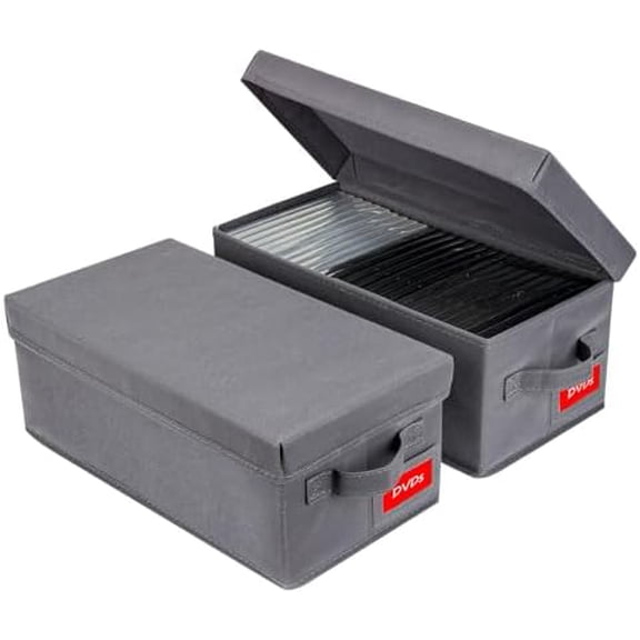 Upgrades DVD Storage Box - Perfect DVD Case Storage Solution, Stackable DVD Organizer with Lid, 2Pack DVD Holder 15.75 x 8.1 x 6.1 inches - Holds 50 DVDs - Grey