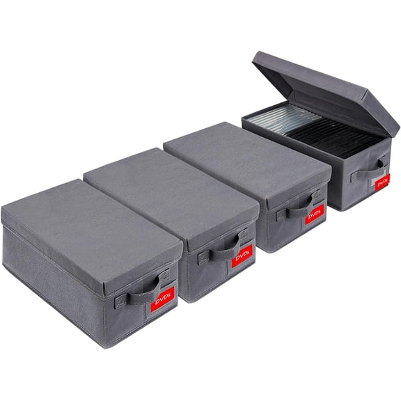 Upgrades DVD Storage Box - Perfect DVD Case Storage Solution, Stackable DVD Organizer with Lid, 4Pack DVD Holder 15.75 x 8.1 x 6.1 inches - Holds 100 DVDs - Grey
