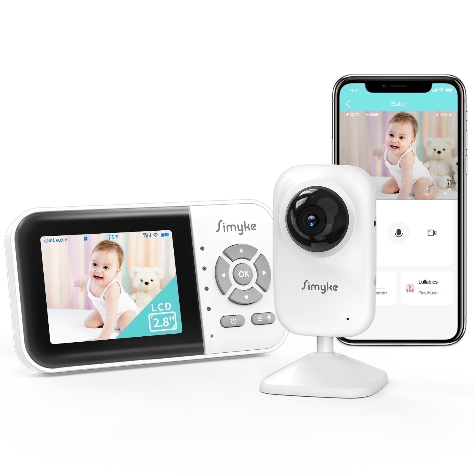 Simyke WiFi Video Baby Monitor, 2.8" LCD & App Viewing, 2-Way Audio, Night Vision, VOX, 5 Lullabies, Supports 4 Cameras, 1200ft Range, Home Use
