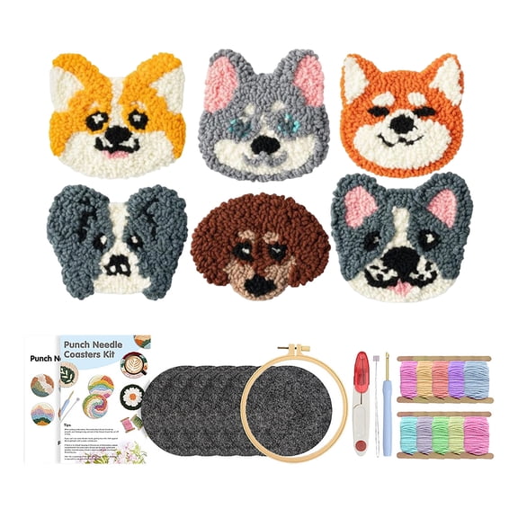 Upgrated Complete Punch Needle Coaster Kit, 6 Pack DIY Craft Kits with All Tools, Knitted Coaster Kit for Home Decoration (animals)