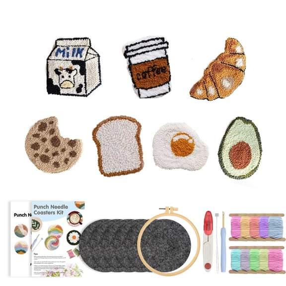 Upgrated Punch Needle Coaster Kit, 7 Breakfast Designs, All-In-One Craft Set with Hoop Yarn & Patterns