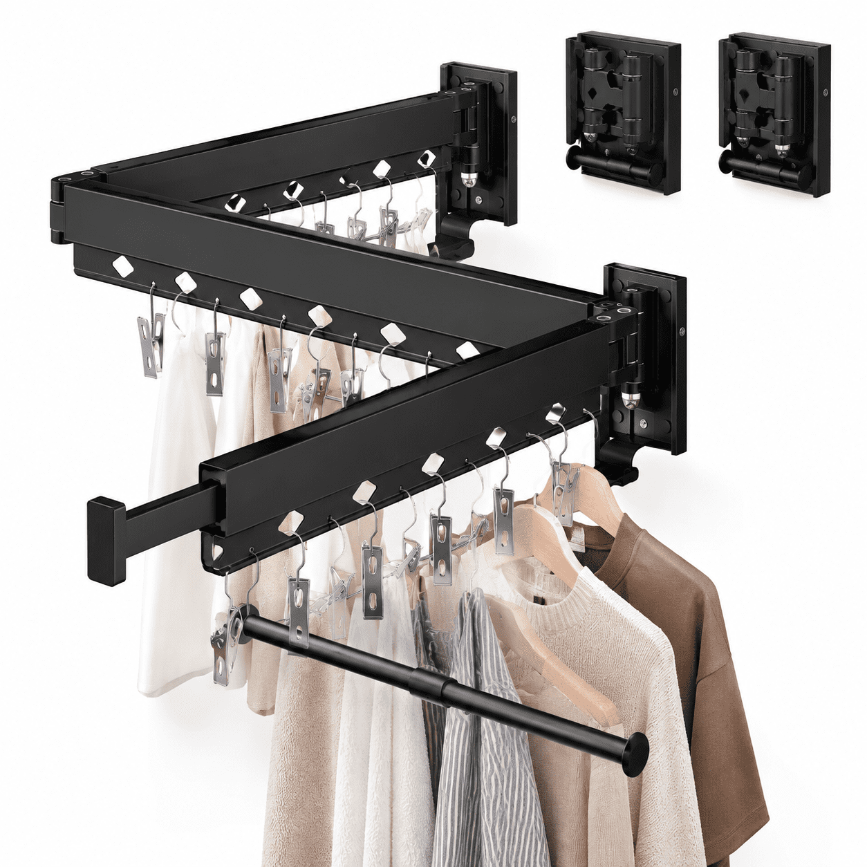 Clothes Stack Rack Upgrde-Black Rings with Clips Wall Mounted Collapsible Clothes Drying ...