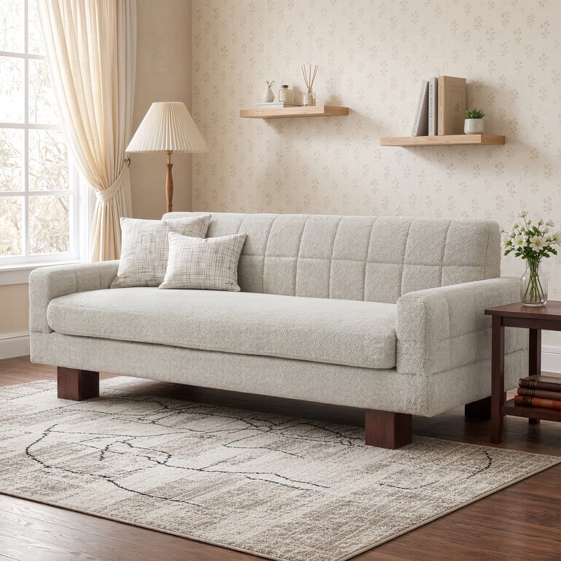 Upholstered 2-3 Seater Loveseat, Boucle Fabric Biscuit Backrest Sofa with Square Arms, Modern Couch with Solid Wood Legs