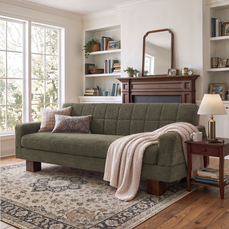 Upholstered 2-3 Seater Loveseat, Boucle Fabric Biscuit Backrest Sofa with Square Arms, Modern Couch with Solid Wood Legs