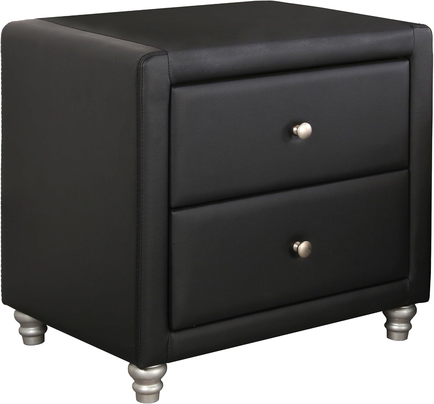 Sleek Black Faux Leather 2-Drawer Nightstand with Brushed Nickel Accents