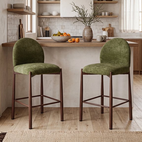 27” H Upholstered Bar & Counter Stool with Metal Frame, Modern Kitchen Chairs, Set of 2, Olive Green Brushed Canvas