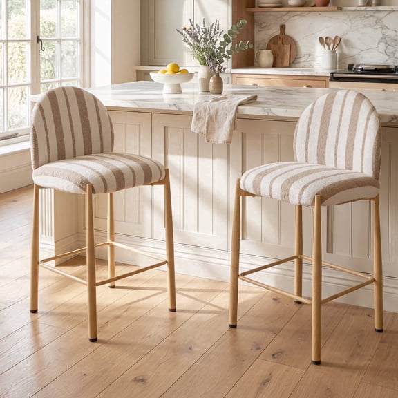 27" H Upholstered Counter Stool with Metal Frame, Modern Kitchen Chairs, Set of 2, Light Brown Striped Boucle