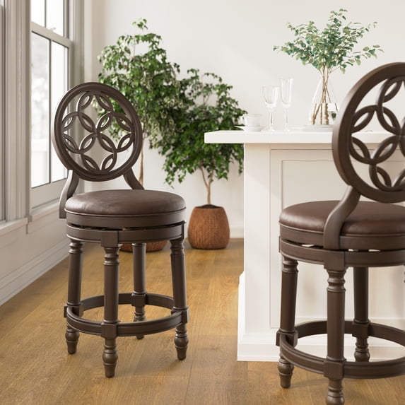 Tiffany 26" Wood Counter-Height Bar Stool with Back and Swivel Upholstered Seat