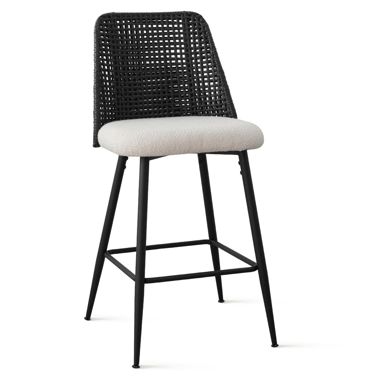 Black Metal and Rattan Counter Stool with Beige Upholstered Seat