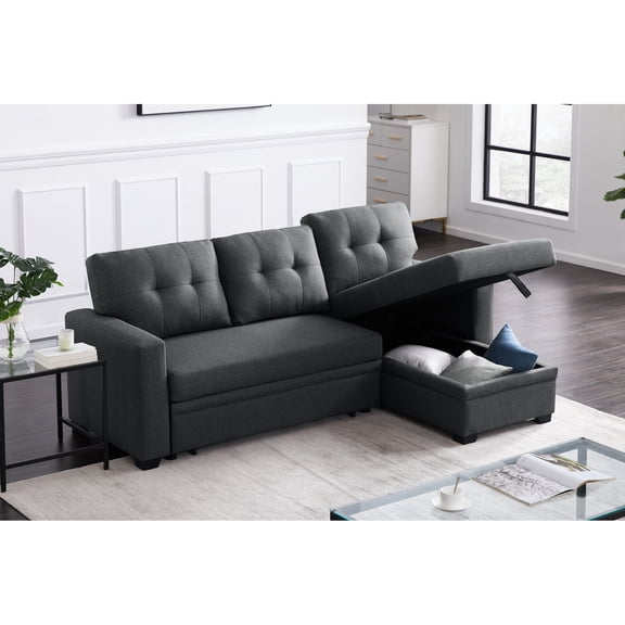 Upholstered 3 Seat With Chaise And Storage In Dark Gray - Foam Filled, Linen, Pull Out Converts To Twin Sleeper For Guest Accommodation Sectional & Seat, Filled Turns Into Entertaining Visitors