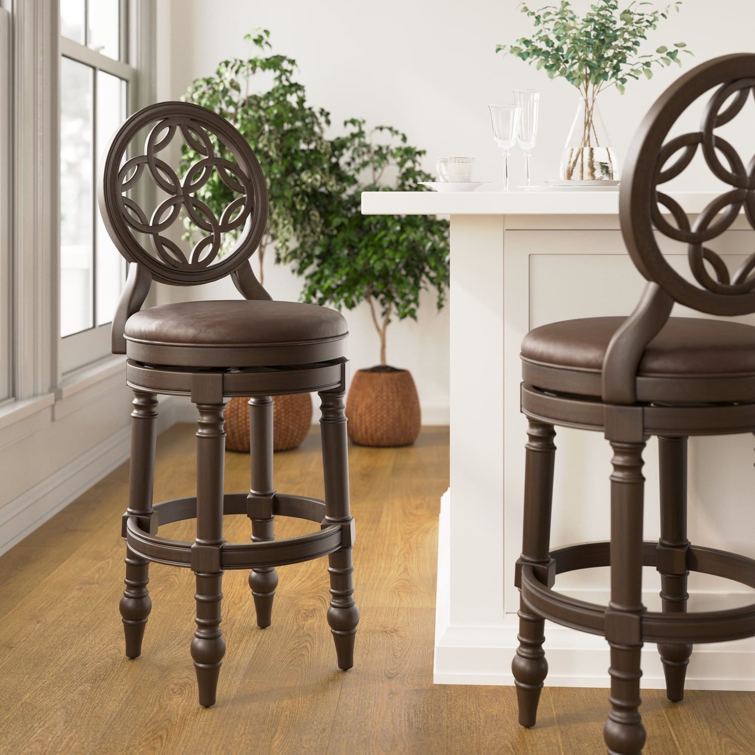 Distressed Walnut Swivel Bar Stool with Brown Faux Leather Seat