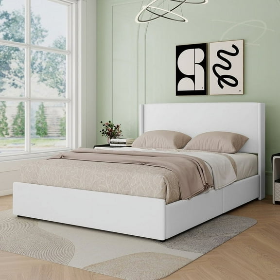 Upholstered 4 Drawers Storage Platform Bed,Queen Size,White