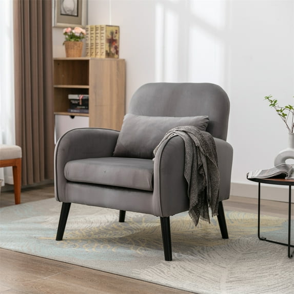 Upholstered Accent Chair with Cushion, Comfy Living Room Chair with Black Solid Wood Legs, Modern Arm Chair Reading Chair Leisure Chair Club Chair for Bedroom, Balcony and Office, Light Gray