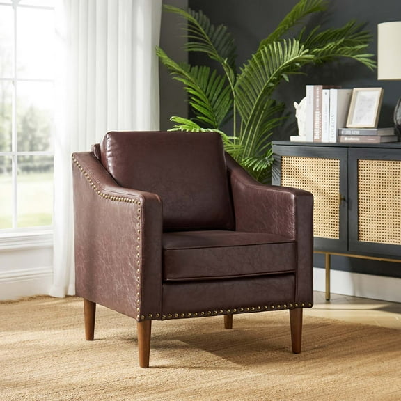 Upholstered Accent Chair Faux Leather Armchair Removable Cushion Lounge Sofa Nailhead Trims Solid Wood Legs Living Room Brown
