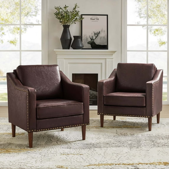 Upholstered Accent Chair Faux Leather Armchair Set of 2 Removable Cushion Lounge Sofa Nailhead Trims Solid Wood Legs Living Room Brown