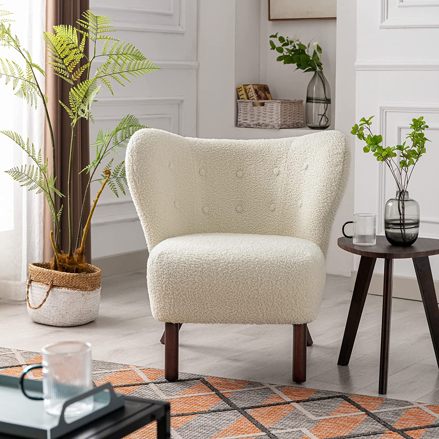 Upholstered Accent Chair, Lambskin Living Room Chair Tufted Side Chair