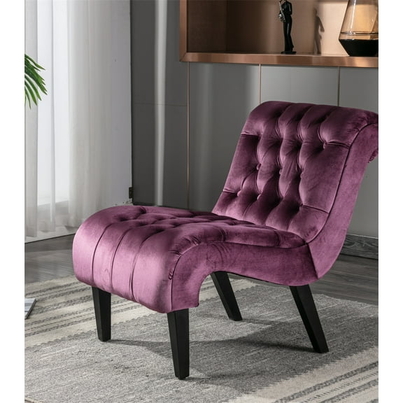 Upholstered Accent Chair for Living Room, Velvet Tufted Armless Chaise Lounge, Modern Leisure Sofa Chair with Wood Legs for Home Living Room Bedroom Apartment, Purple