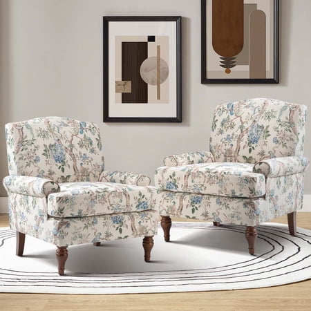Upholstered Accent Chair Set of 2 Wide Back Armchair Lounge Sofa with Flower Pattern & Removable Cushion for Home Living Room, Bird