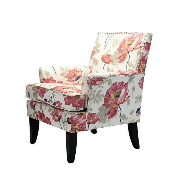 Upholstered Accent Chair, Tina's Home Armchair Nailhead Trim Wood Leg Living Room Floral Red