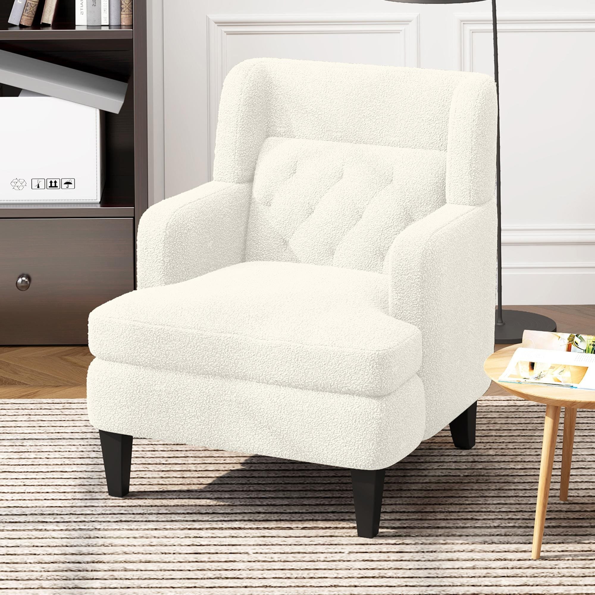 Beige Teddy Fleece Upholstered Tufted Accent Chair with Birch Legs