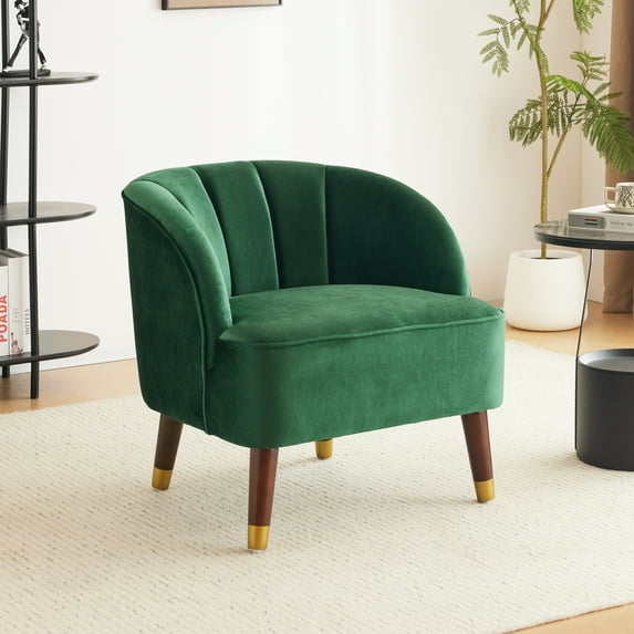 Upholstered Accent Chair, Velvet Club Chair for Living Room, Modern Reading Armchair with Rubber Wooden Legs, Comfort Barrel Chair Single Sofa for Bedroom, Emerald