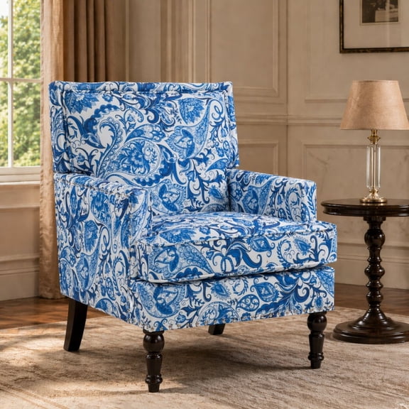 Upholstered Accent Chair, Vintage Armchair with Grey Linen Fabric and Nailhead Trim for Living Room, Blue & White Paisley Print