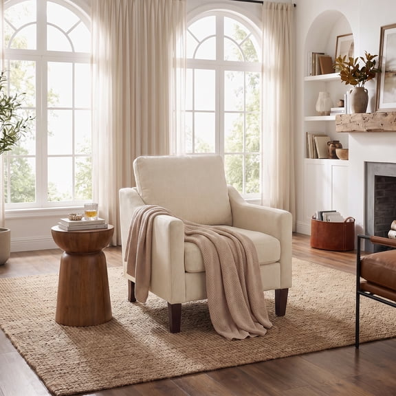 VKNOW Modern Accent Chair, polyester Single Sofa with Wood Legs, Reading Armchair for Living Room, Bedroom, Office,Beige