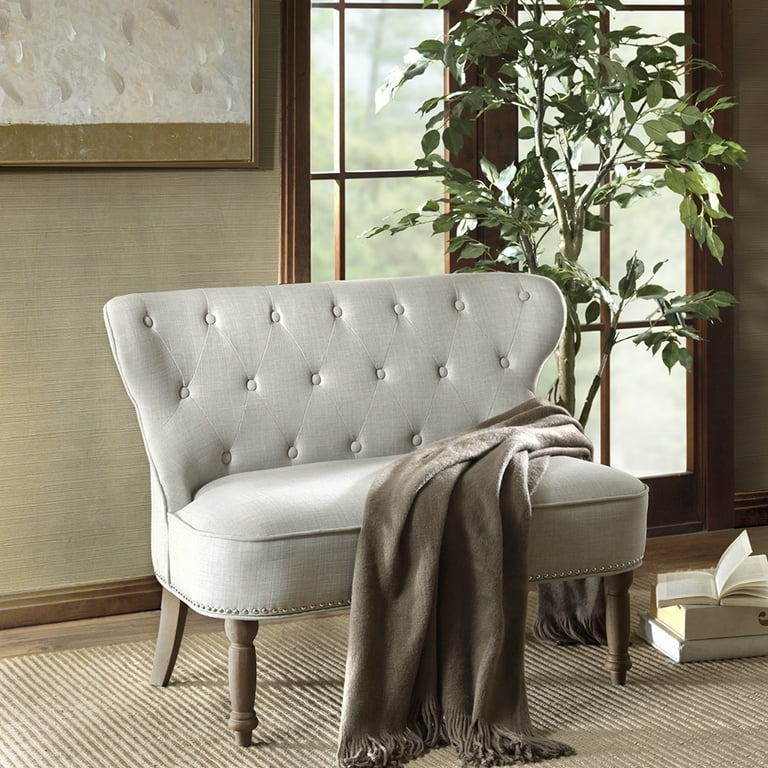 Upholstered Accent Settee Armless Loveseat with Wing Back and Solid Wood Legs Button Tufted 2 Seater Sofa with Nailhead Trim Modern Fabric Settee