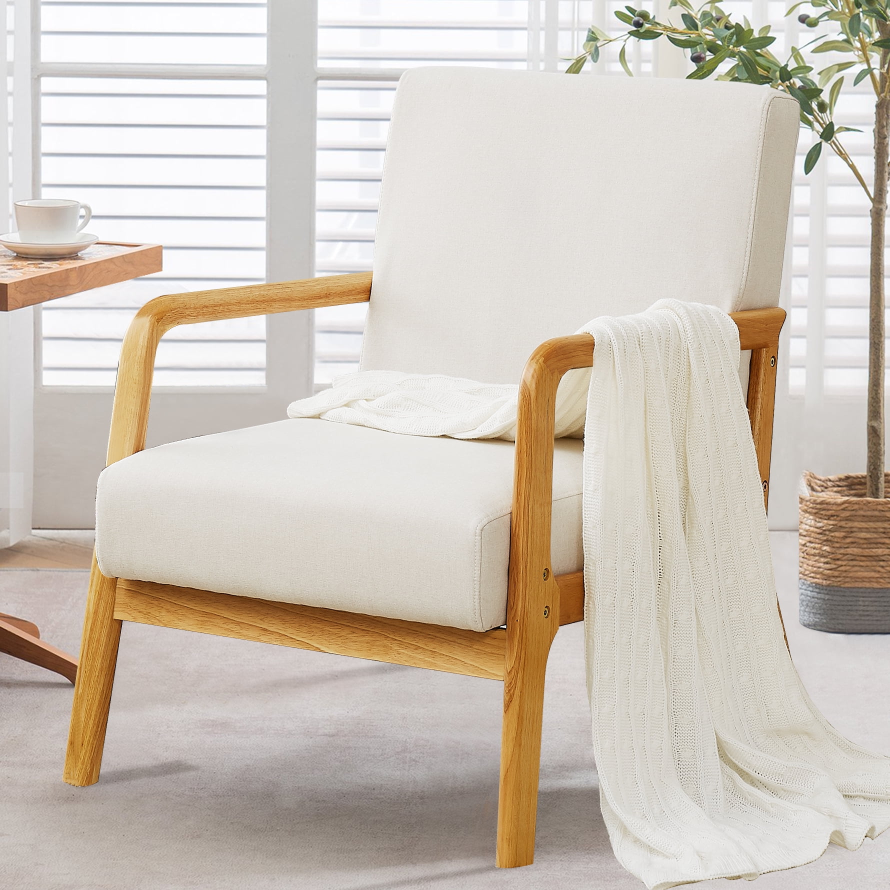 Upholstered Accent chair Comfy Armchair Linen Fabric Reading Chair for Living Room Bedroom Modern Club Chair White