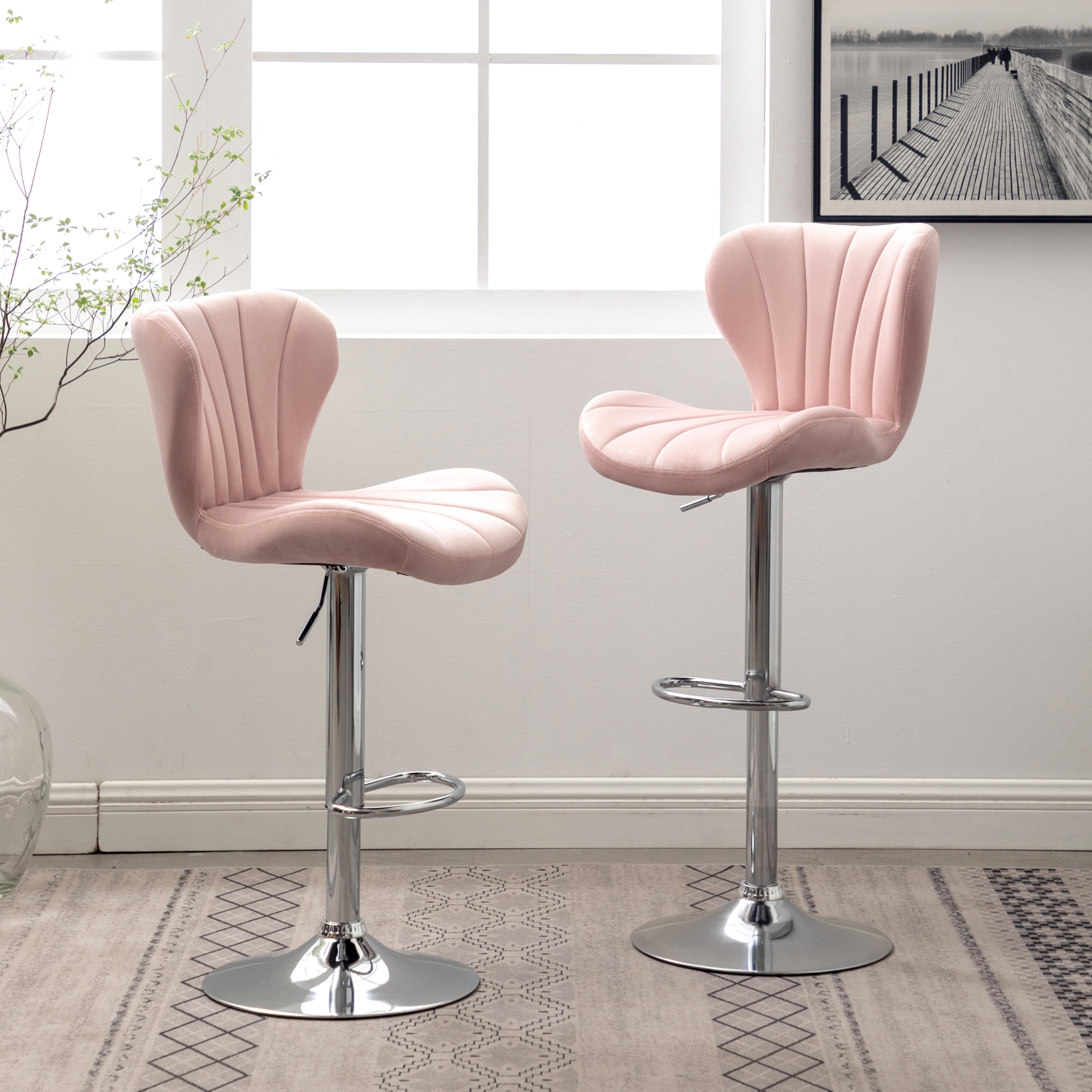Pink Velvet Adjustable Swivel Barstools with Chrome Base, Set of 2