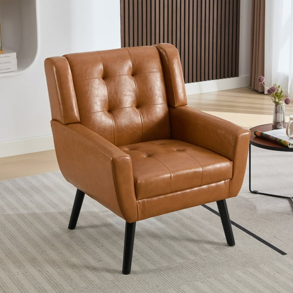 Upholstered Armchair Accent Chair, Pu Leather Mid Century Modern Chairs for Living Room, Comfy Retro Bedroom Side Chair with Solid Wood Legs, Light Brown