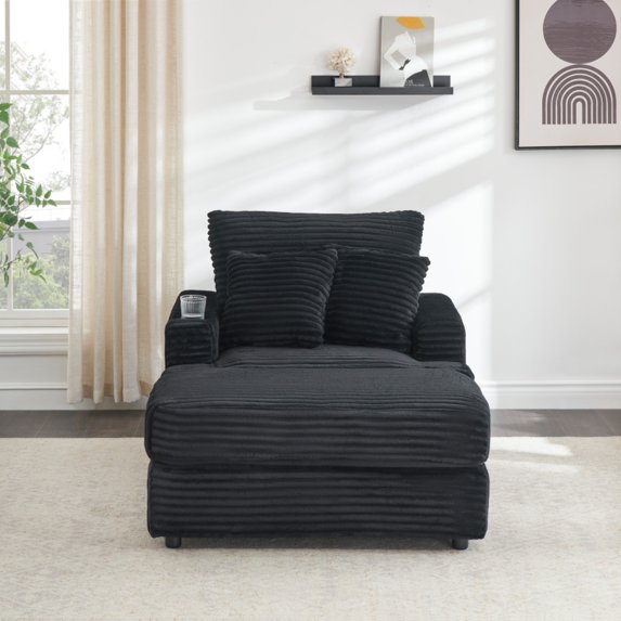 Upholstered Armchair with Ottoman , Sleeper Chair ,Corduroy Chaise Longue Chair , Comfy Deep Seat Oversized Chaise Lounge Indoor with cup holder