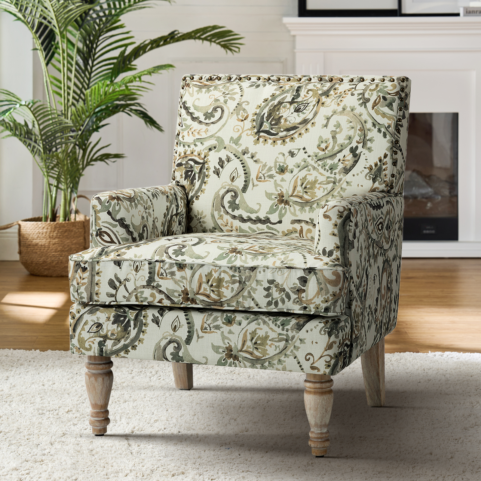Upholstered Armchair with Turned Legs Wooden Home Accent Chair Wide