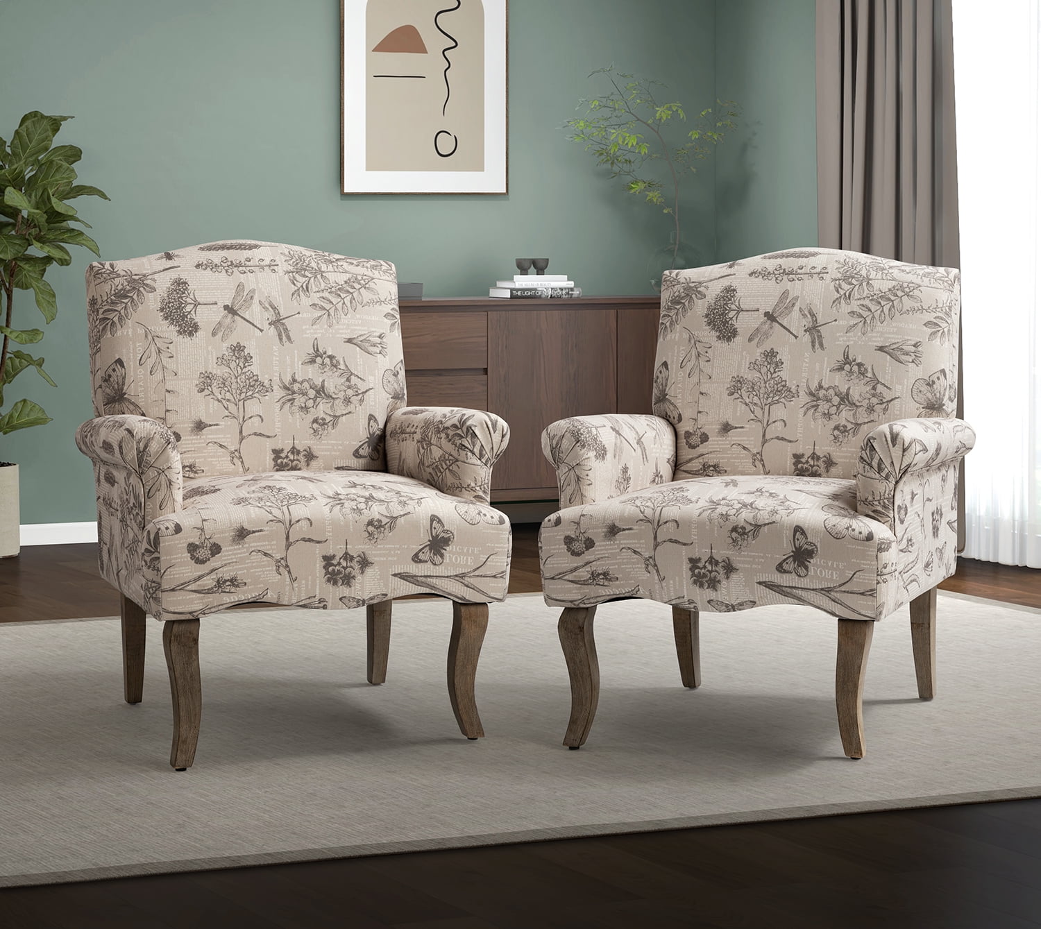 Upholstered Armchairs Set of 2 Unique Pattern Retro Wood Legs Accent