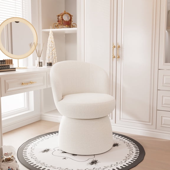 YOUNIKE Upholstered Armless Accent Chair, Swivel Vanity Stool With Wingback, Boucle Fabric Make-up Chair, Beige