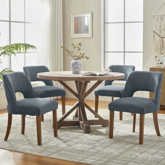 VKNOW Modern Chenille Upholstered Dining Chairs Set of 4 with Cutout Back and Solid Wood Legs for Dining Room, Kitchen and Living Room,Navy