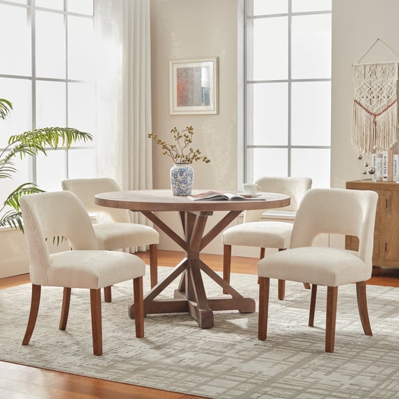 Vknow Furniture Modern Chenille Upholstered Dining Chairs Set of 4 with Cutout Back and Solid Wood Legs for Dining Room, Kitchen and Living Room,White