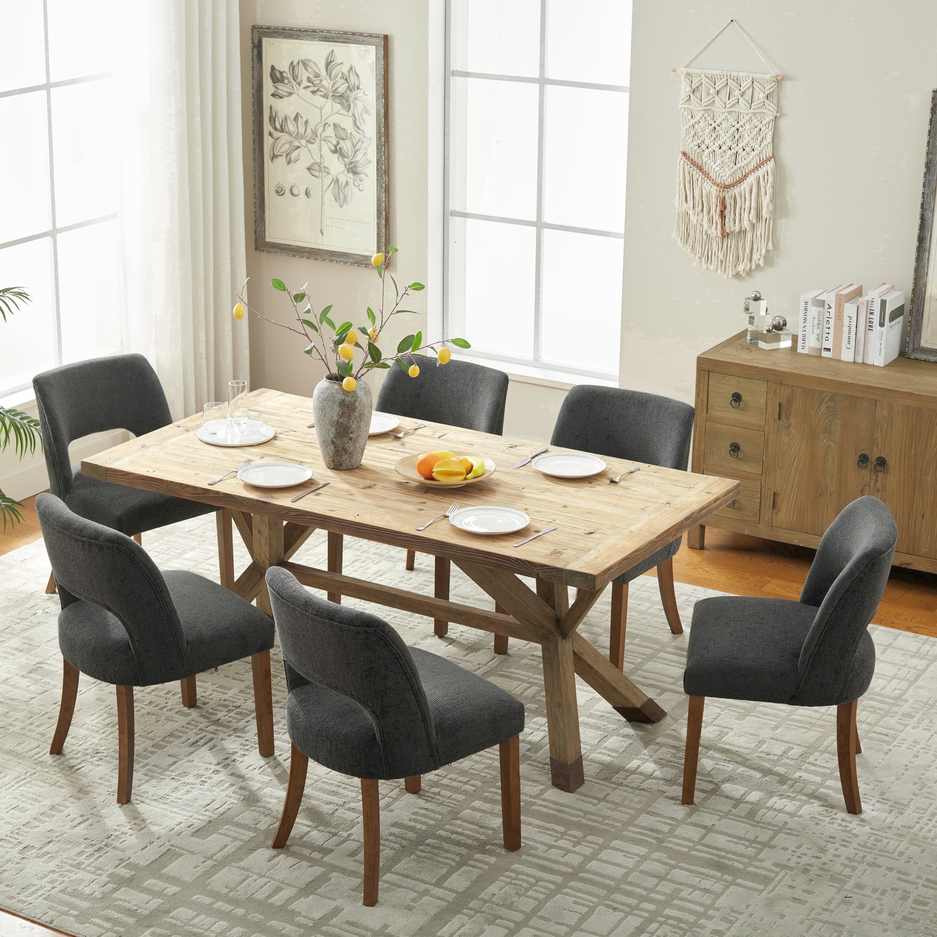 Vknow Furniture Modern Chenille Upholstered Dining Chairs Set of 6 with Cutout Back and Solid Wood Legs for Dining Room, Kitchen and Living Room, Black