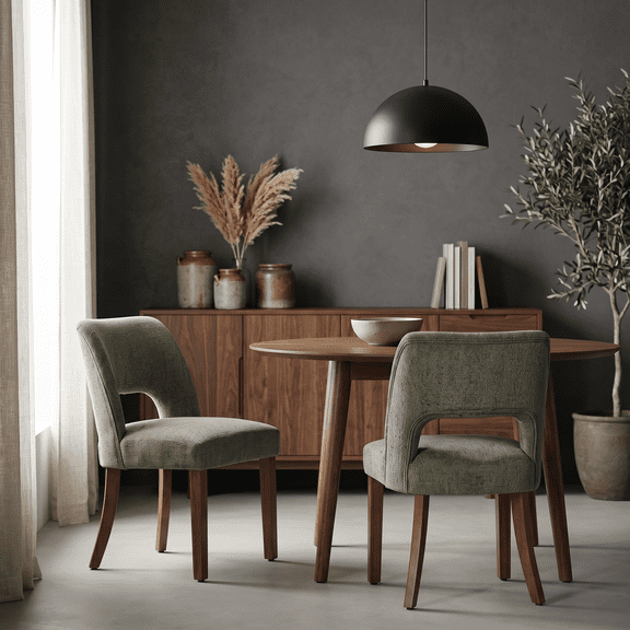 VKNOW Set of 2 Chenille Dining Chairs, Mid-Century Modern Upholstered Kitchen Chairs with Cutout Back & Solid Wood Legs, Green