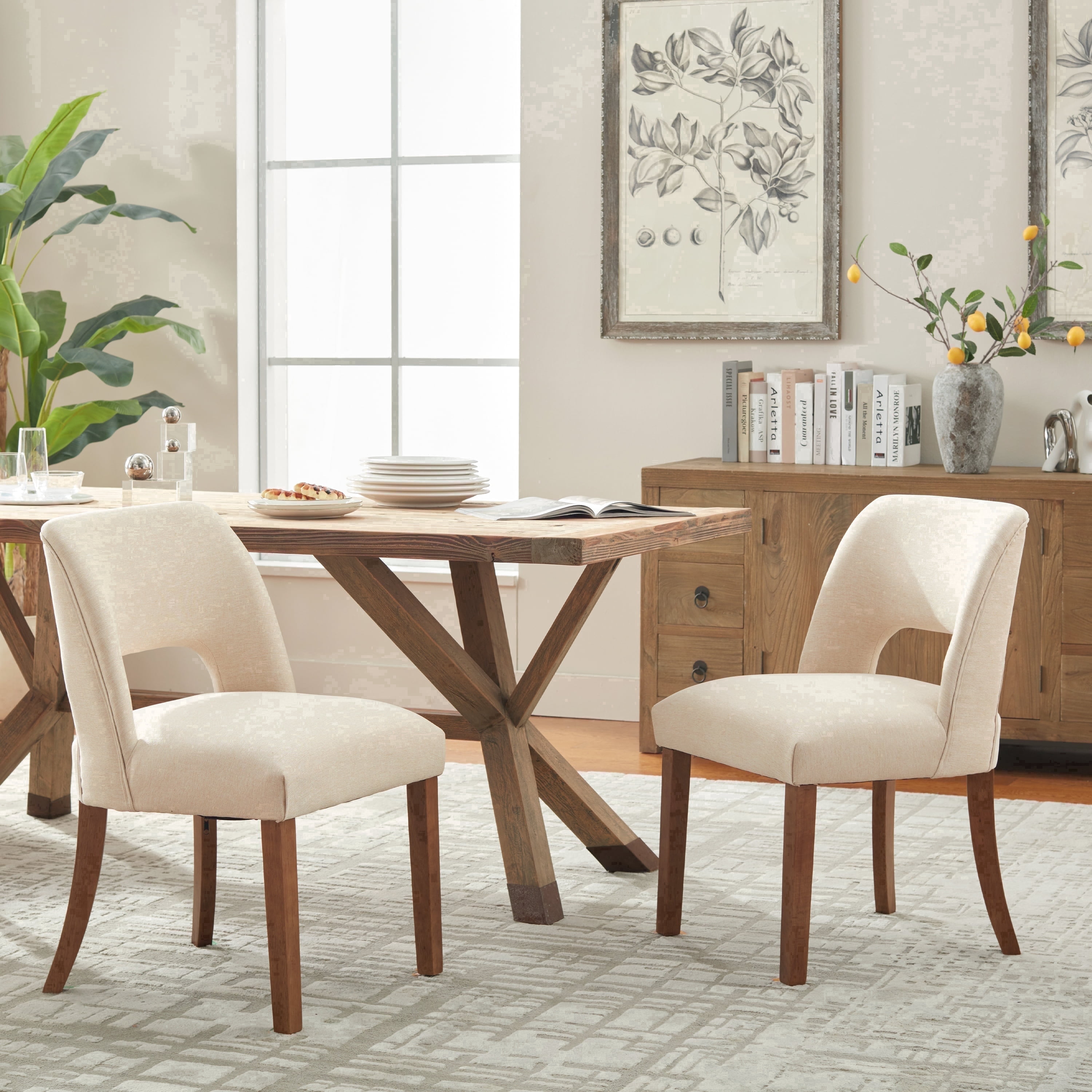 Vknow Furniture Modern Chenille Upholstered Dining Chairs Set of 2 with Cutout Back and Solid Wood Legs for Dining Room, Kitchen and Living Room,Beige