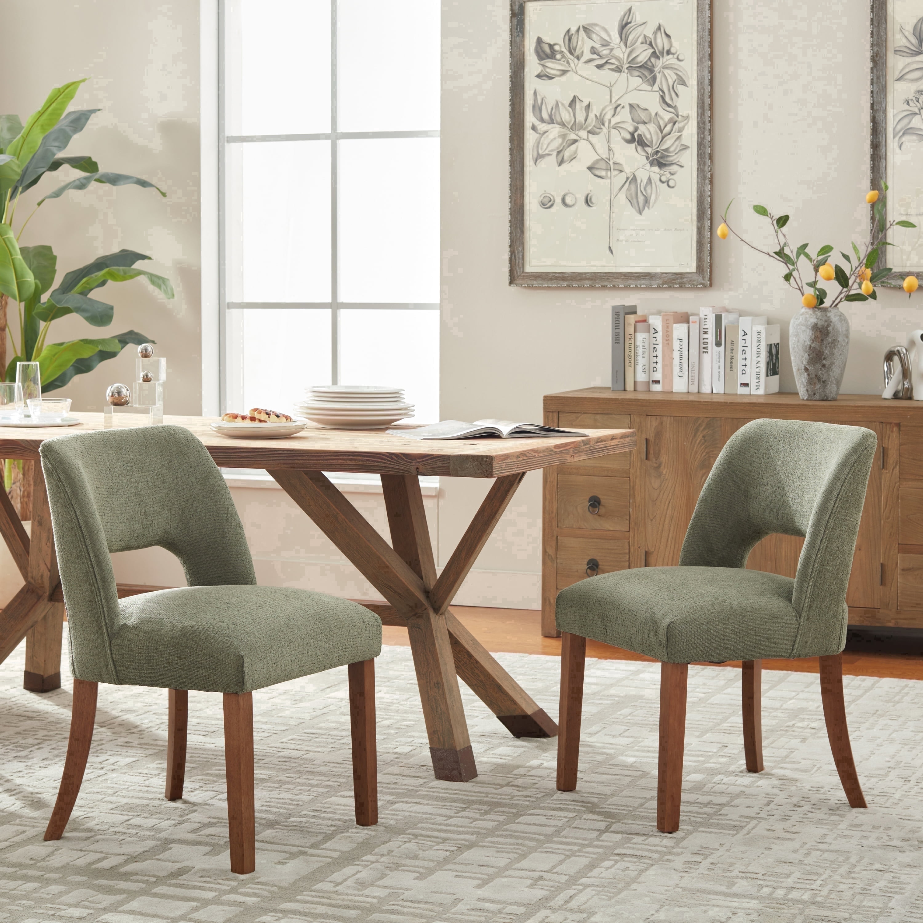Vknow Furniture Set of 2 Chenille Dining Chairs, Mid-Century Modern Upholstered Kitchen Chairs with Cutout Back & Solid Wood Legs, Green