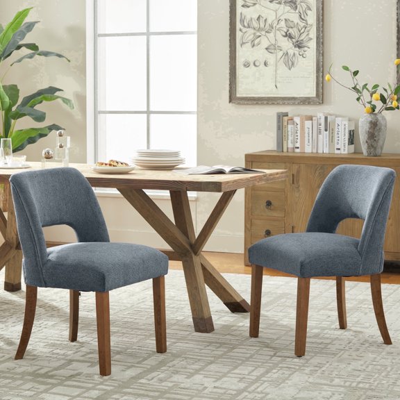 VKNOW Modern Chenille Upholstered Dining Chairs Set of 2 with Cutout Back and Solid Wood Legs for Dining Room, Kitchen and Living Room,Navy