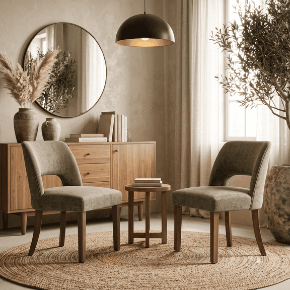 VKNOW Set of 2 Chenille Dining Chairs, Mid-Century Modern Upholstered Kitchen Chairs with Cutout Back & Solid Wood Legs, Green