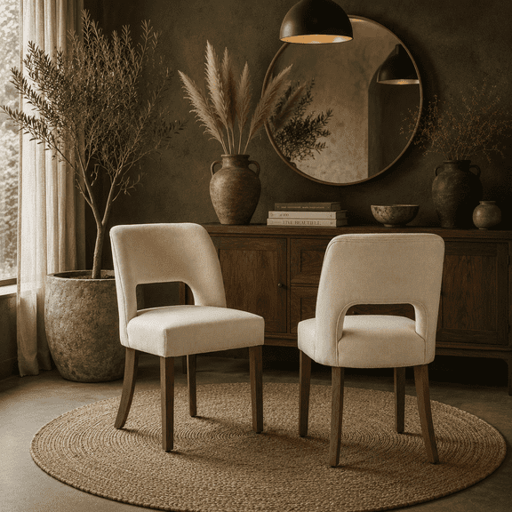 VKNOW Modern Chenille Upholstered Dining Chairs Set of 2 with Cutout Back and Solid Wood Legs for Dining Room, Kitchen and Living Room,Beige